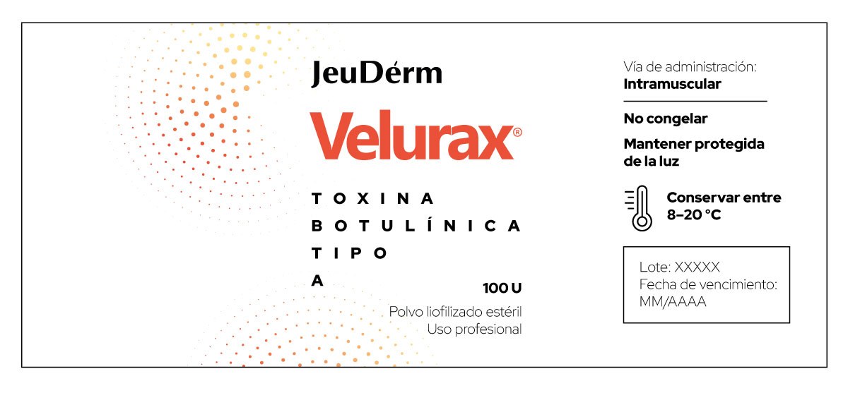 Etiqueta de Velurax con la marca JeuDérm, denominación toxina botulínica tipo A, 100 U, indicaciones de conservación entre 8 y 20 grados y campos de lote y fecha de vencimiento